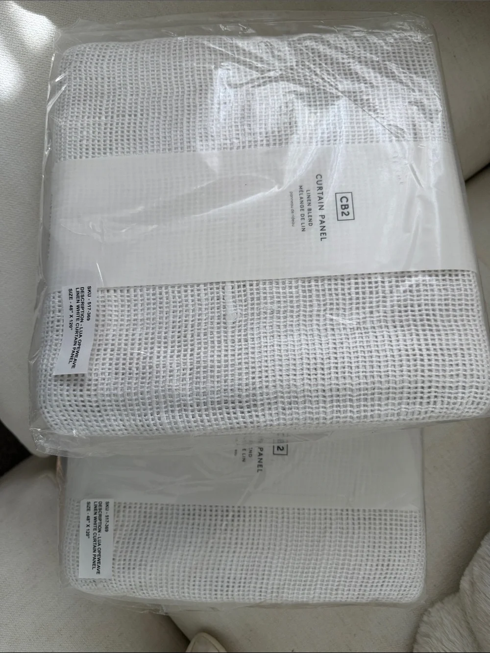Set of 2 CB2 Lua Bright White Open Weave Sheer Linen Curtains 48x120 NIB